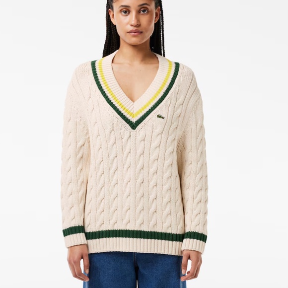 LACOSTE WOMEN'S CONTRAST ACCENT CABLE KNIT V NECK SWEATER - Picture 1 of 8